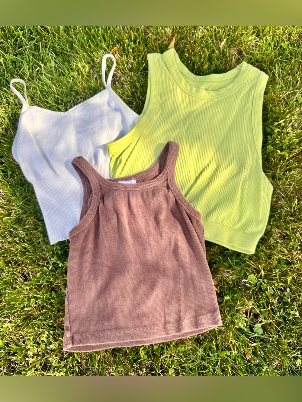Brandy Melville, Princess Polly Tank Tops Trio — White, Lime, Brown